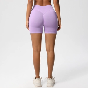 Close-up of lavender high-waist seamless fitness shorts with push-up booty lifting effect