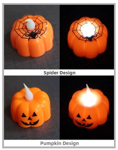 Detail of Halloween LED pumpkin candle light with spider web and classic smile patterns