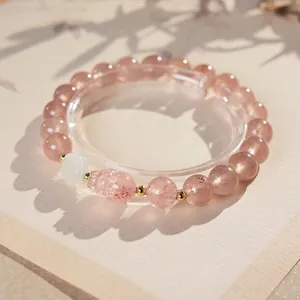 Strawberry Quartz Agate Jade Beaded Bracelet For Women Lucky PiXiu Charm Elastic New Chinese Style Fashion Jewelry