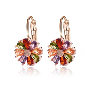 Chic rose gold flower earrings featuring colorful pear-cut gemstones and leverback hooks