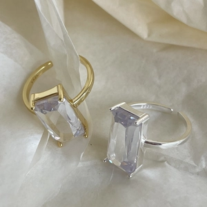 Elegant 925 sterling silver open rings with rectangular cubic zirconia stone in gold and silver