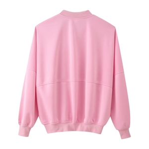 Detail view of the pink bomber jacket back showing ribbed cuffs and smooth fabric texture