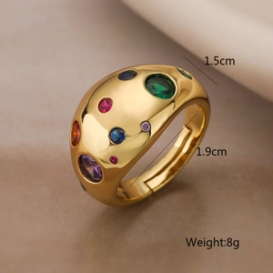 Gold plated geometric dome ring with colorful zircons, 1.5cm width open band