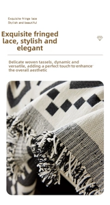 Close-up of bohemian chenille sofa cover showing black and white geometric pattern and tassels