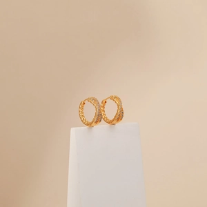 Macro detail of gold-plated twisted hoop earrings with sparkling cubic zirconia accents