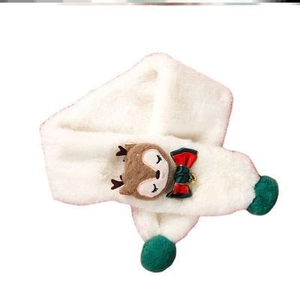 Detail of plush cream kids scarf with cute reindeer embroidery and holiday bow