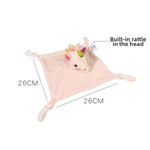 Pink unicorn baby comforter security blanket with built-in rattle and knotted corners