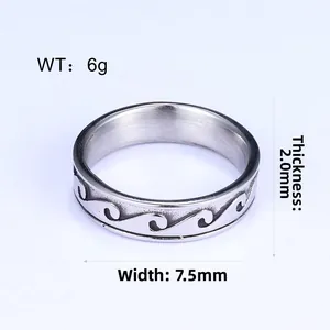 Detail showing wave pattern ring with 7.5mm width and 2.0mm thickness dimensions