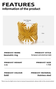 Detailed size specifications of the geometric 18K gold plated stainless steel ring