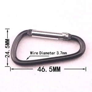 D-shape black aluminum carabiner with dimensions 46.5x24.5mm and 3.7mm wire diameter