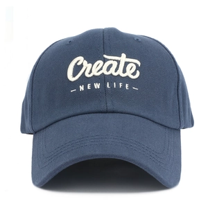 Classic navy blue cotton baseball cap with Create New Life white 3D embroidery