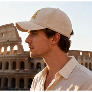 Detailed embroidery of letter A on beige cotton baseball cap with natural lighting