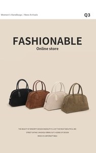 Four colors of suede boston bags showing black, brown, cream and olive green versions