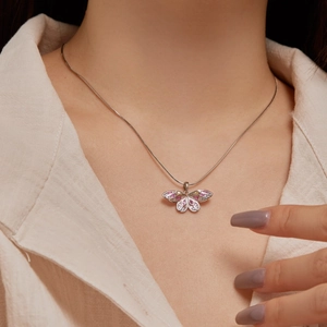 Elegant S925 sterling silver butterfly pendant necklace with pink and white zircons