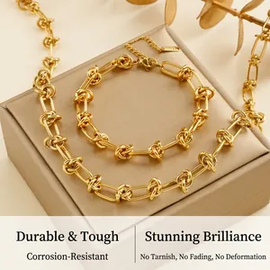 Detailed close-up of gold-plated chunky link necklace and bracelet jewelry set on box