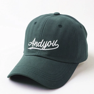 Deep green baseball cap with white Andyou embroidery and curved brim for casual wear