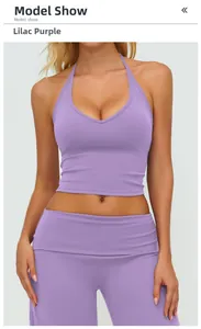 Front model view of lilac V-neck halter yoga vest and matching high-waisted leggings