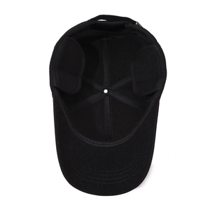 Men's winter baseball cap with ear flaps in black thickened wool blend fabric