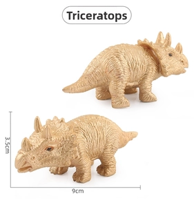 Detailed size view of a golden Triceratops dinosaur toy measuring 9cm long and 3.5cm high