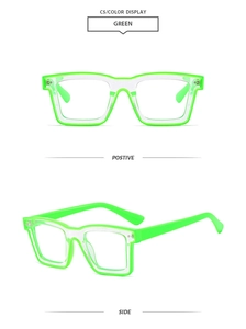 Vorder- und Seitenansicht der modischen neongrünen transparenten Blaulicht-Brille