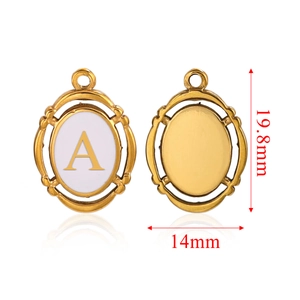 Gold oval stainless steel A-Z initial pendant showing front and back view dimensions
