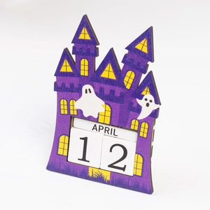 Detail of wooden Halloween countdown calendar featuring purple castle and ghosts