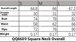 Detailed size chart for long sleeve square neck bodysuit with S M L measurements