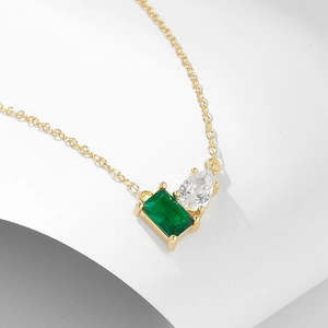 925 Sterling Silver Necklace Rectangular Emerald Green And Teardrop White Zircon Geometric Dainty Jewelry For Women