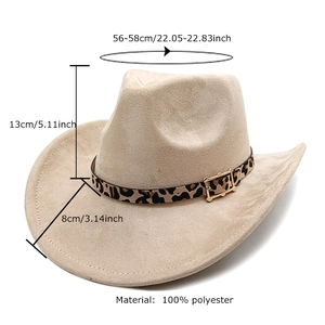 Beige western cowboy hat with leopard print band and sizing details 56-58cm