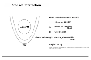 Detailed size chart of double-layered titanium steel necklace in silver finish