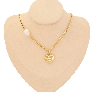 Elegant gold heart pendant necklace with pearl detail and Be My Valentine engraving