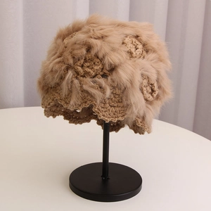 Winter handmade crochet rabbit fur knit hat for women featuring hollow floral pattern in camel