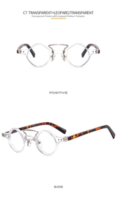 Detailed front and side view of punk small frame sunglasses with leopard print temples