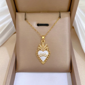 Heart Pendant Necklace With Crown Design Stainless Steel Chain Copper Pendant Enamel Cubic Zirconia Jewelry For Women
