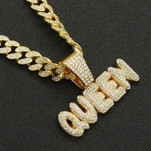 Iced out gold QUEEN pendant necklace with crystal Cuban chain for men and women