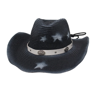 Western style black straw cowboy hat with white star print and metallic buckle detail