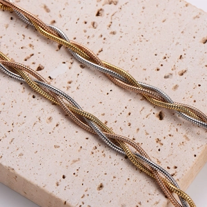 Three-tone woven stainless steel chain necklace in gold rose gold and silver