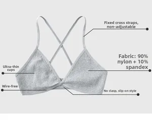 Détail d'une brassière triangle grise côtelée en 90% nylon avec bretelles croisées