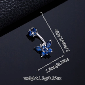 Detailed view of blue butterfly belly ring with dimensions 2.4cm by 1.5cm in silver finish