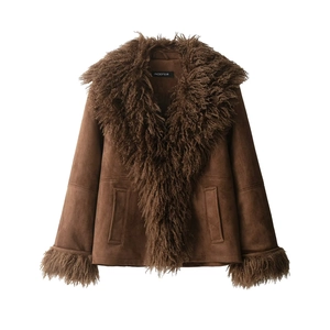 Women Suede Jacket Faux Fur Trim Large Lapel Warm Winter Outerwear Streetwear Vintage Loose Style Coat