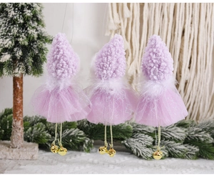Three purple plush Christmas angel ornaments with tulle wings and gold bells for decor