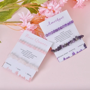 Double-layer natural rose quartz and amethyst stretch beaded bracelets with healing cards