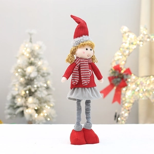 59cm retractable Christmas girl doll in red and grey fabric for festive home decoration