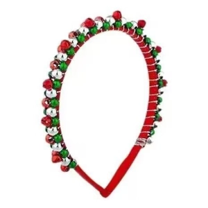Close-up of festive Christmas headband featuring colorful mini bells on a red fabric band