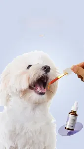 Détail montrant un chien blanc nourri avec le liquide anti-traces de larmes en flacon de 30ml
