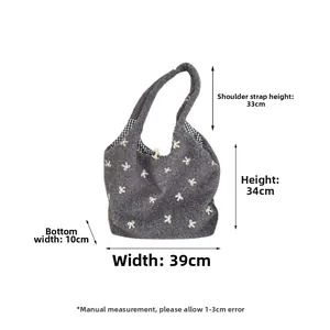 Detailed dimensions diagram of the grey embroidered bow tote bag with size annotations