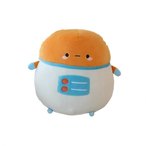 Spherical astronaut plush toy in orange and white with embroidered control panel