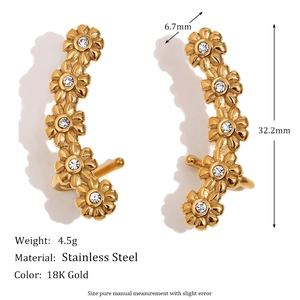 18K gold plated stainless steel daisy crawler earrings with white cubic zirconia crystals