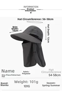 Detail view of quick-dry sun hat showing dimensions, fabric weight, and neck flap