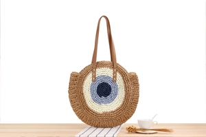 Detail of round straw beach bag with blue evil eye embroidery and brown leather straps